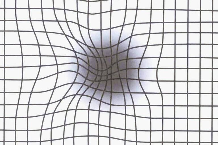 Simulación de cómo una rejilla puede verse distorsionada para una persona con maculopatía, con líneas onduladas y una zona borrosa en el centro